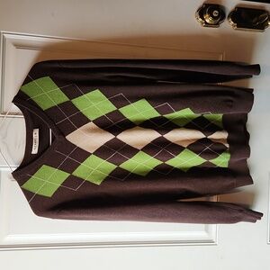 Old Navy Men's Brown and Green Argyle Sweater Size M